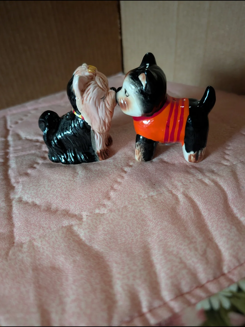 Ceramic Black and Tan Yorkie Salt and Pepper Shaker Set - Orange Sweater